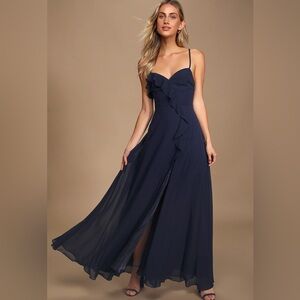 Used, Lulu’s Moonlit Moment Navy Blue Ruffled Maxi Dress, Size 8
